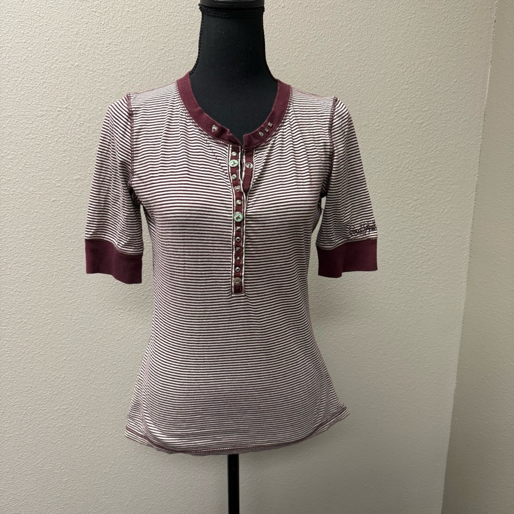 Cruel Girl Striped Henley Studded Western Top Medium Burgundy Cream - Picture 2 of 12